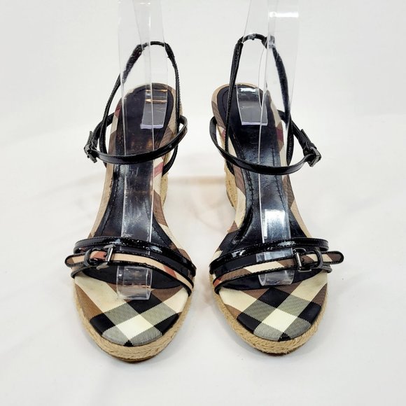 Burberry Nova Check Canvas Ankle Strap Wedges - Picture 2 of 4